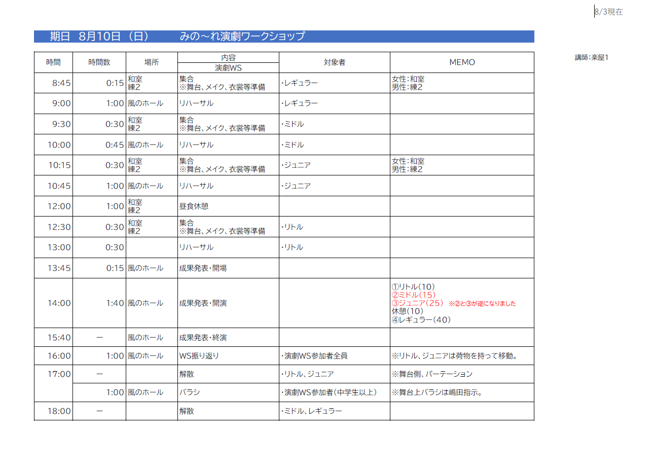 演劇ワークショップ成果発表会スケジュール（8月3日修正9